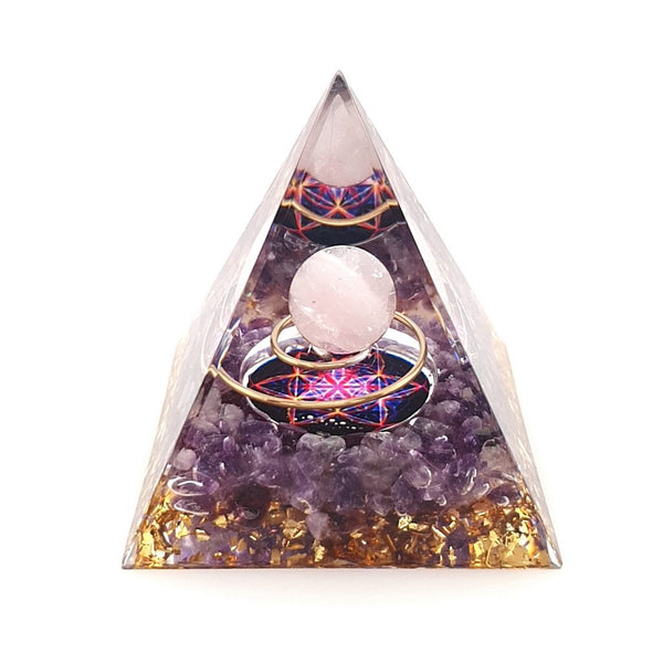 Orgonite Pyramid with Rose Quartz Sphere and Amethyst