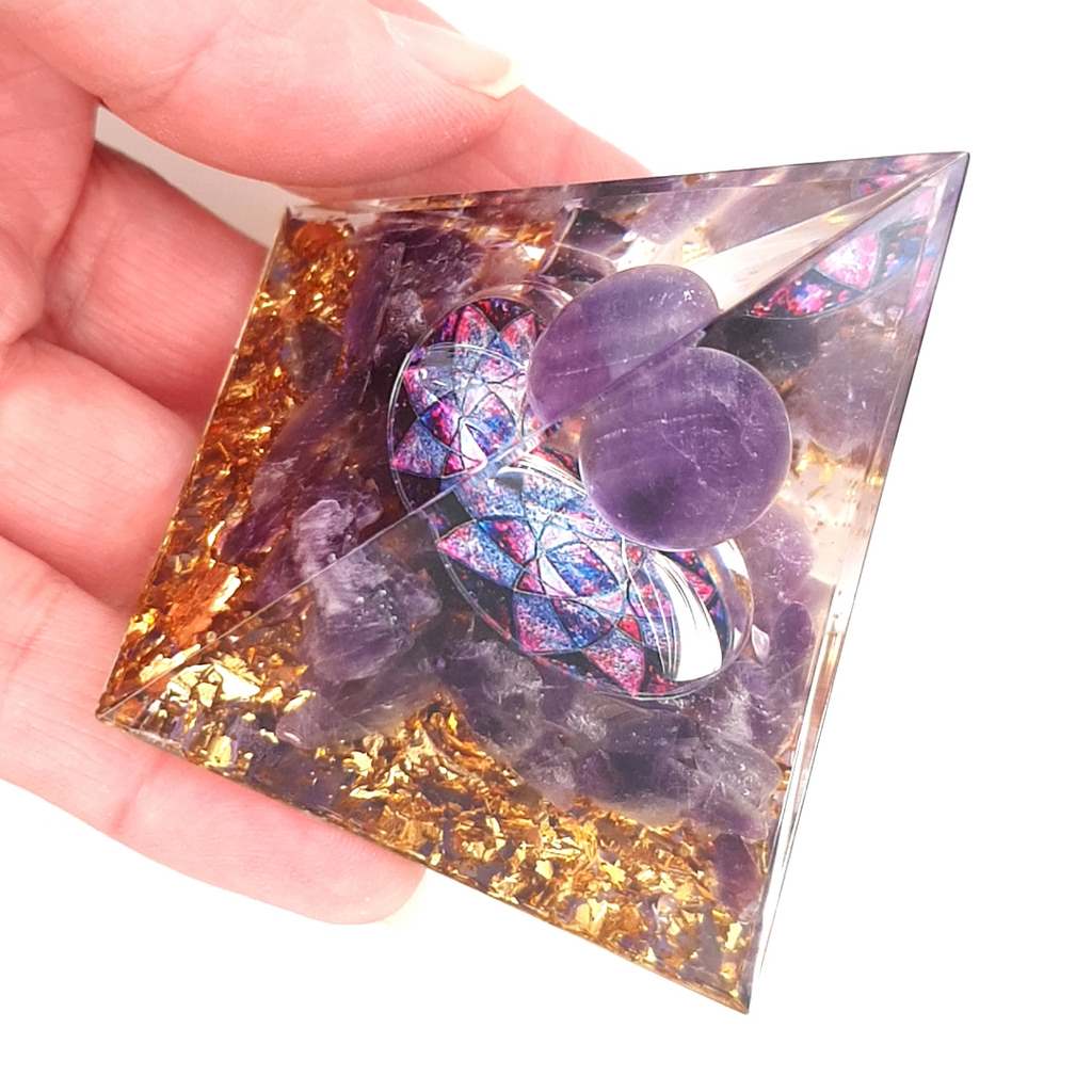 Orgone Pyramid with Amethyst Sphere and Lotus Flower - Orgonite Pyramid