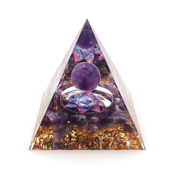 Orgone Pyramid with Amethyst Sphere and Lotus Flower - Orgonite Pyramid