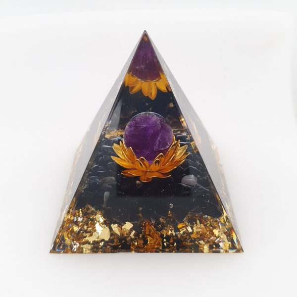 Orgonite Pyramid with Obsidian and Amethyst Sphere in Lotus Flower