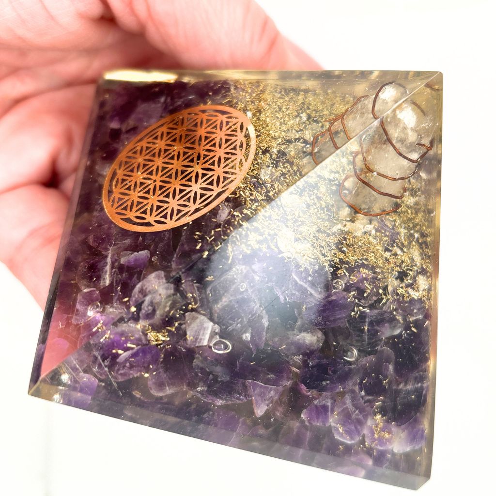 Amethyst Orgonite Pyramid with Flower of Life