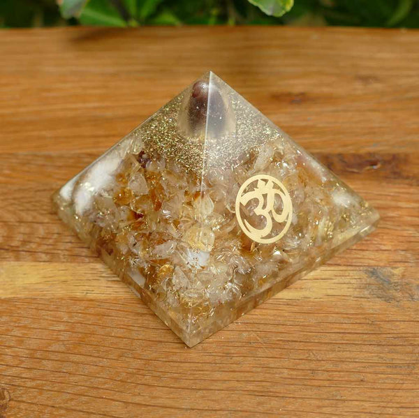 Orgonite Pyramid with Citrine Crystals - OM Symbol Orgone Pyramid Australia