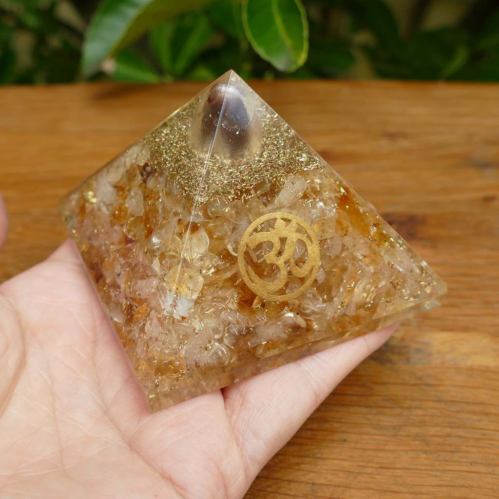 Orgonite Pyramid with Citrine Crystals - OM Symbol Orgone Pyramid Australia