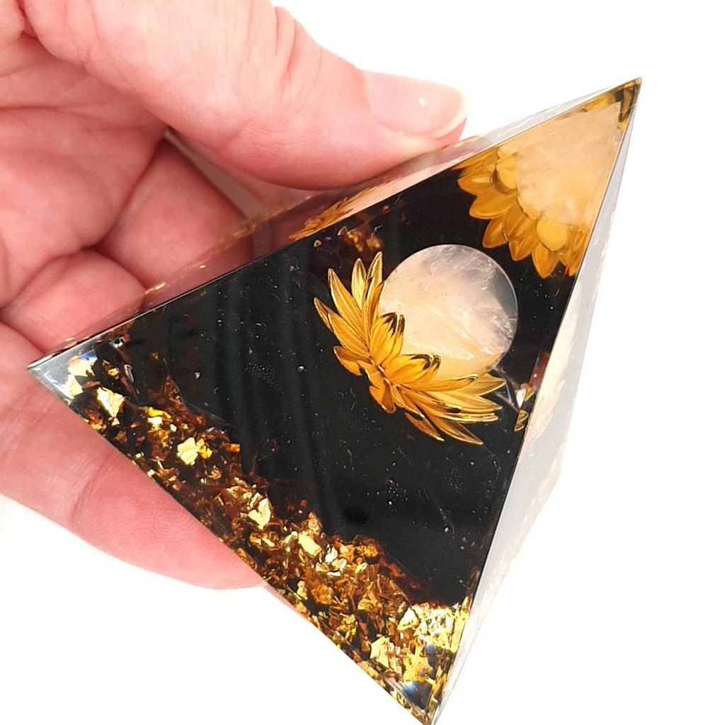 Orgonite Pyramid with Obsidian and Rose Quartz Sphere in Lotus Flower