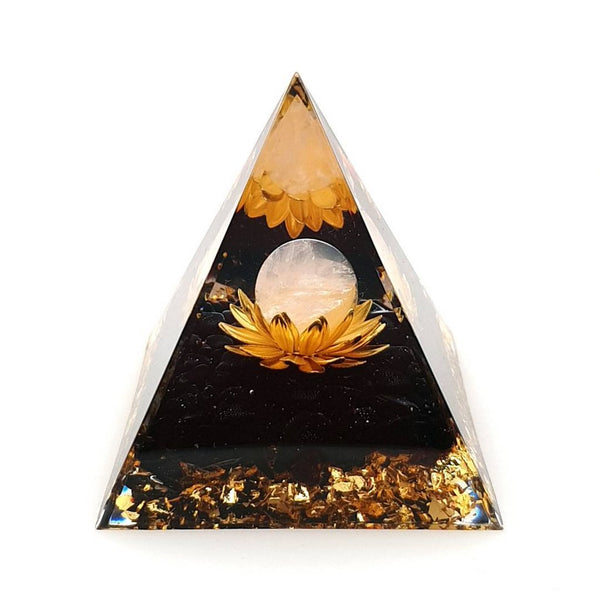 Orgonite Pyramid with Obsidian and Rose Quartz Sphere in Lotus Flower