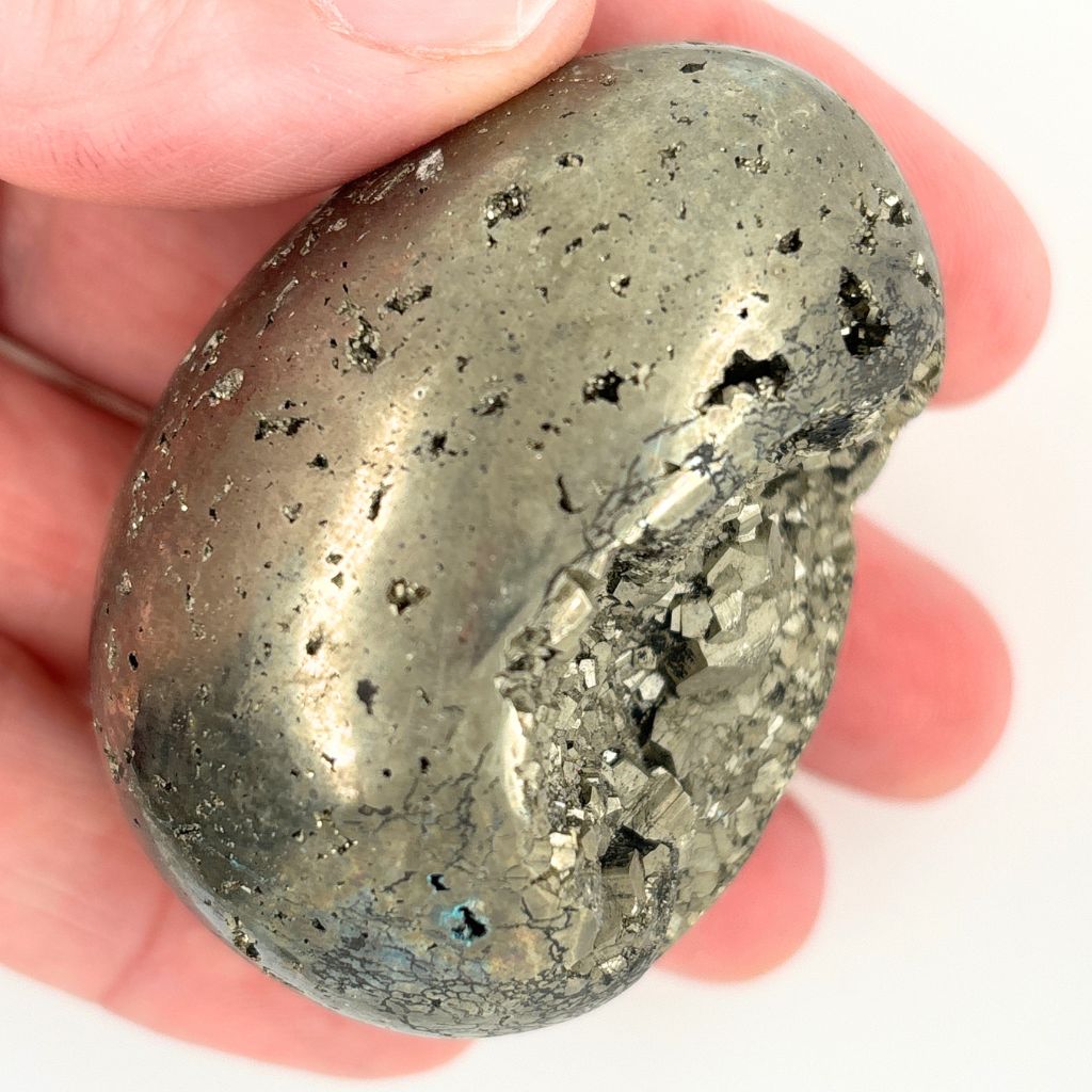 Natural Pyrite crystal egg with sparkling druzy cavity and cubic crystal formations