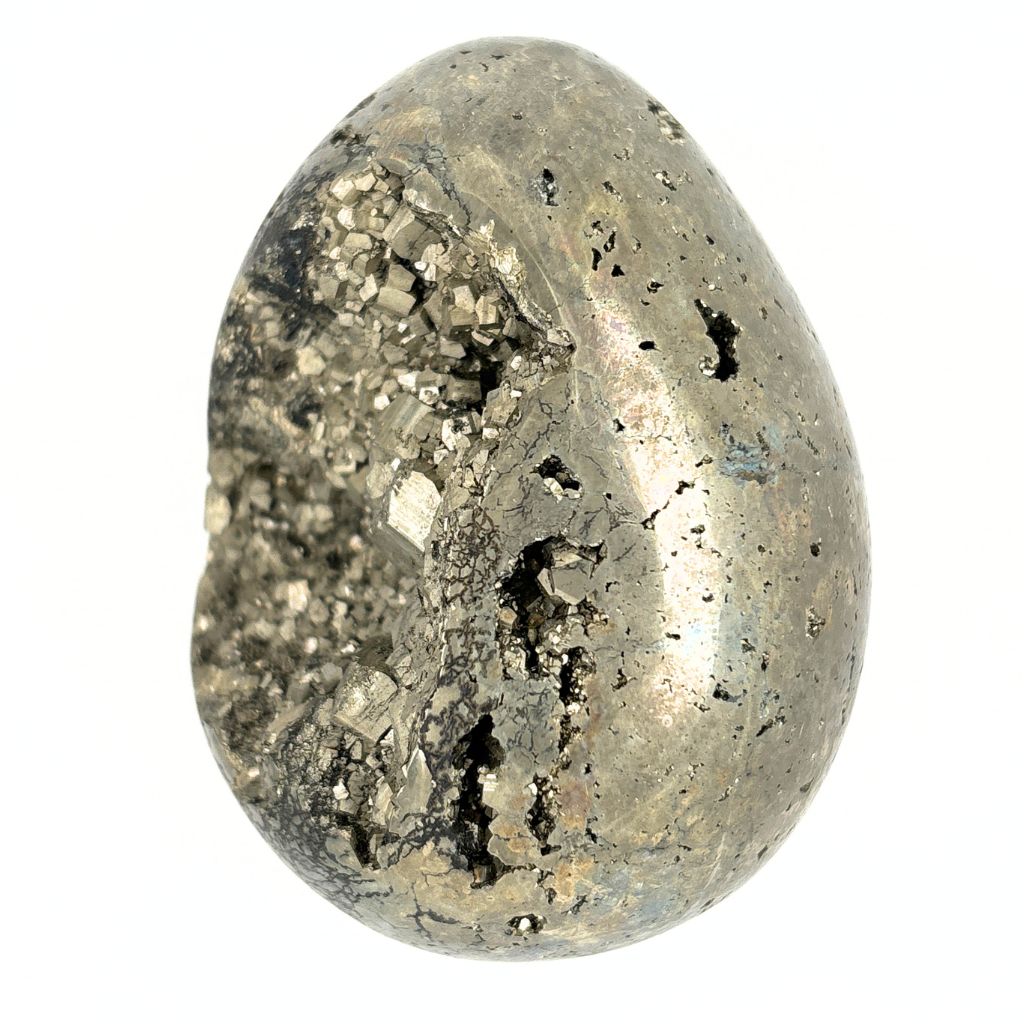 Natural Pyrite crystal egg with sparkling druzy cavity and cubic crystal formations