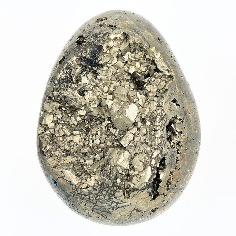 Natural Pyrite crystal egg with sparkling druzy cavity and cubic crystal formations