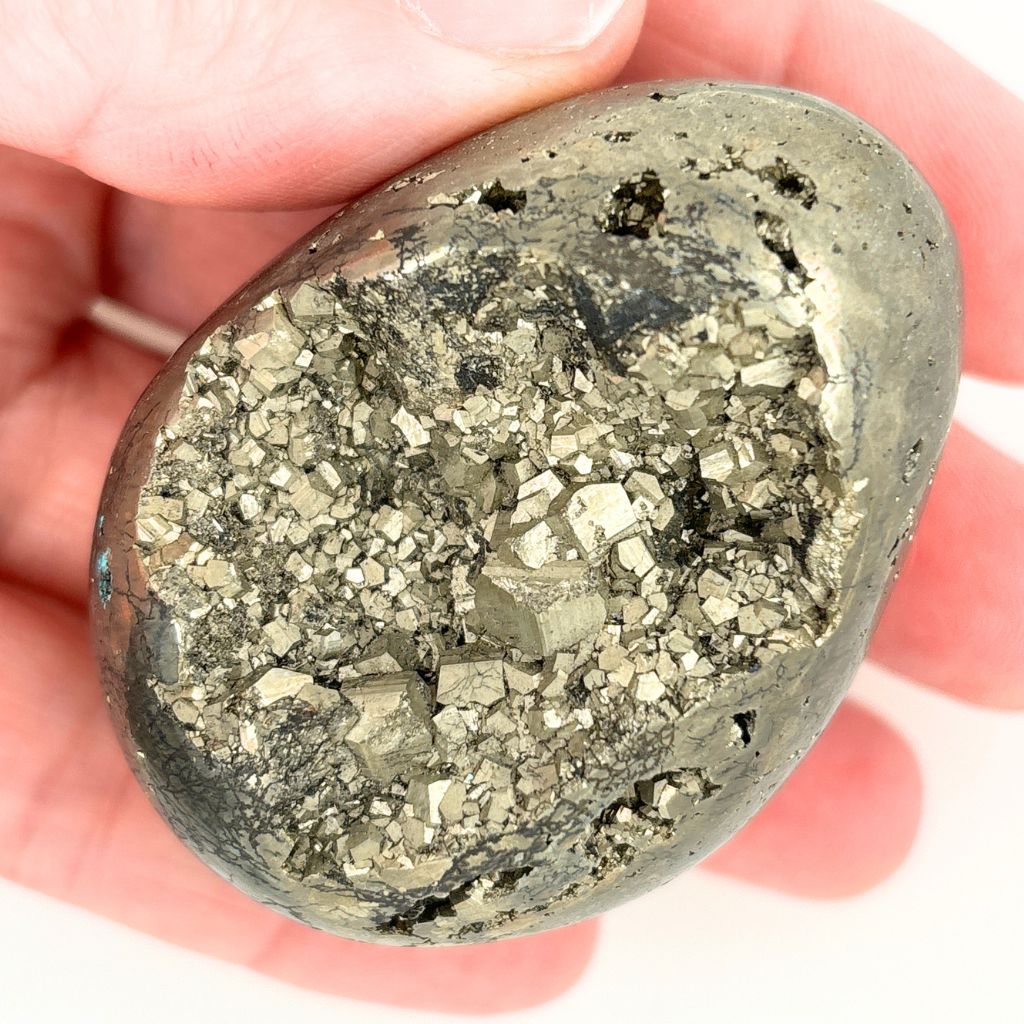 Natural Pyrite crystal egg with sparkling druzy cavity and cubic crystal formations
