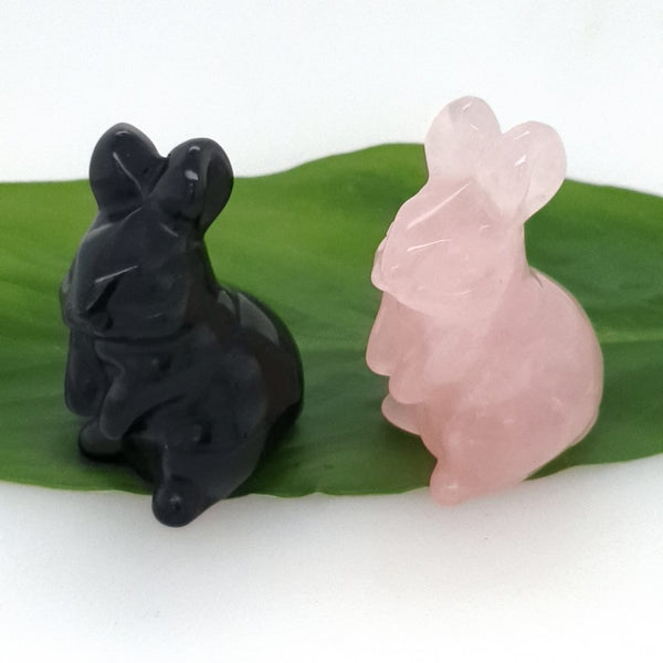 Rose Quartz or Black Obsidian Crystal Rabbit 4cm