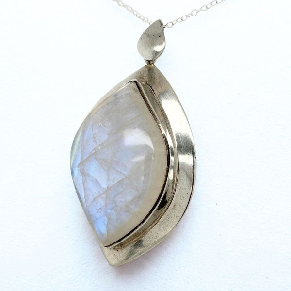 Rainbow Moonstone Pendant – Large Statement Crystal in Silver Plated Setting