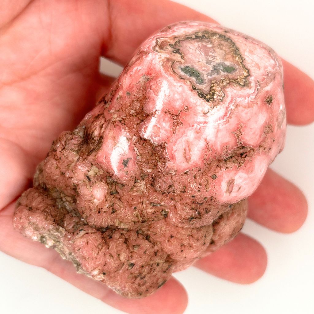 Natural Rhodochrosite part polished crystal specimen 349g with pink banding and raw crystal formations