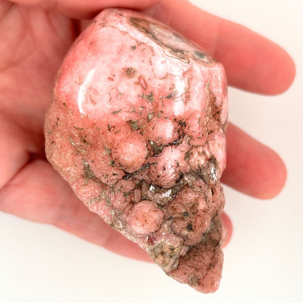 Natural Rhodochrosite part polished crystal specimen 349g with pink banding and raw crystal formations