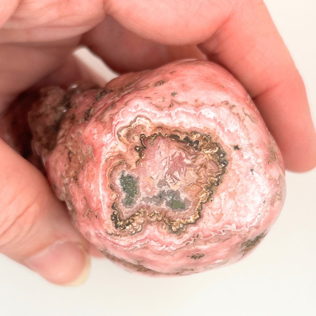 Natural Rhodochrosite part polished crystal specimen 349g with pink banding and raw crystal formations