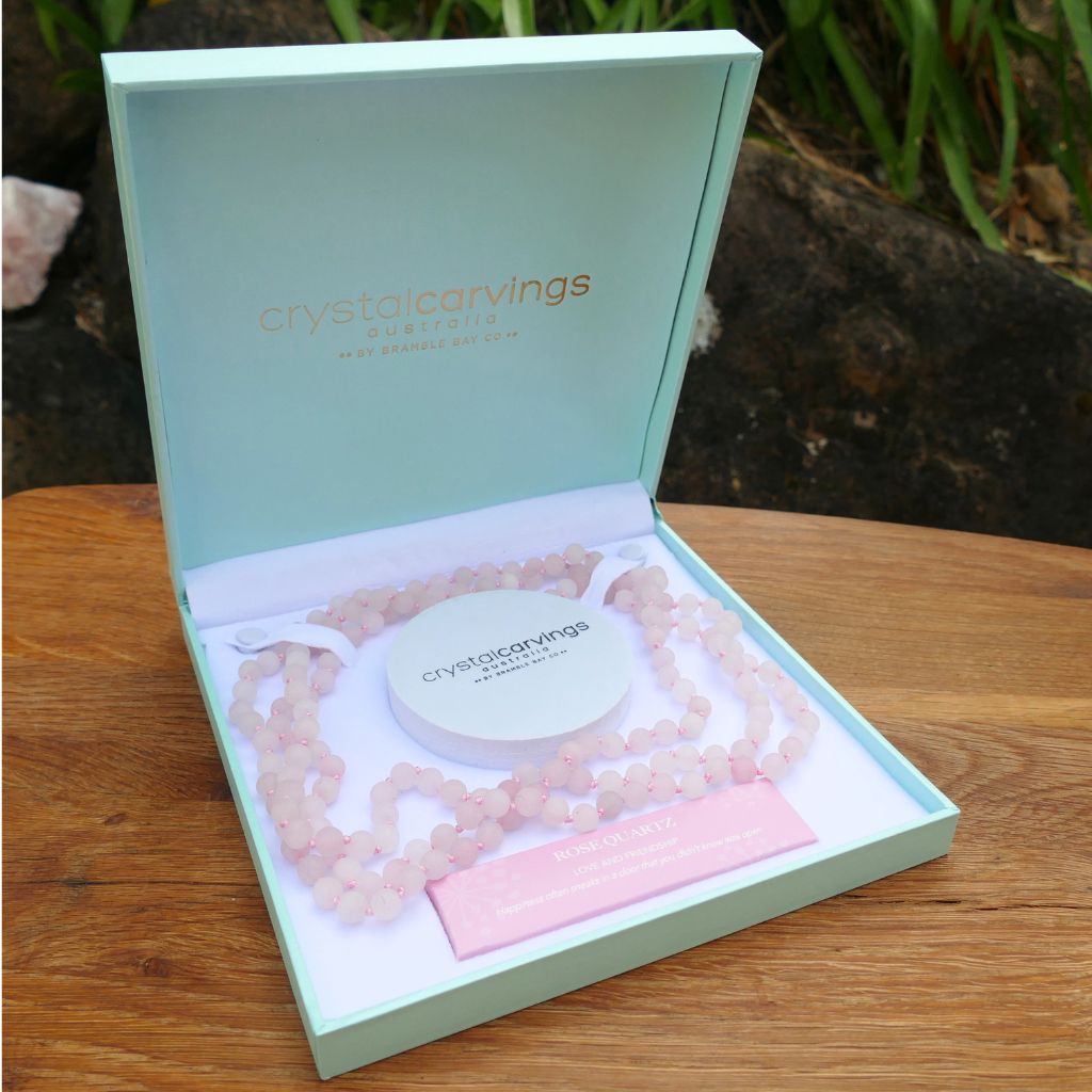 Rose Quartz 62 inch natural finish bead necklace in gift box