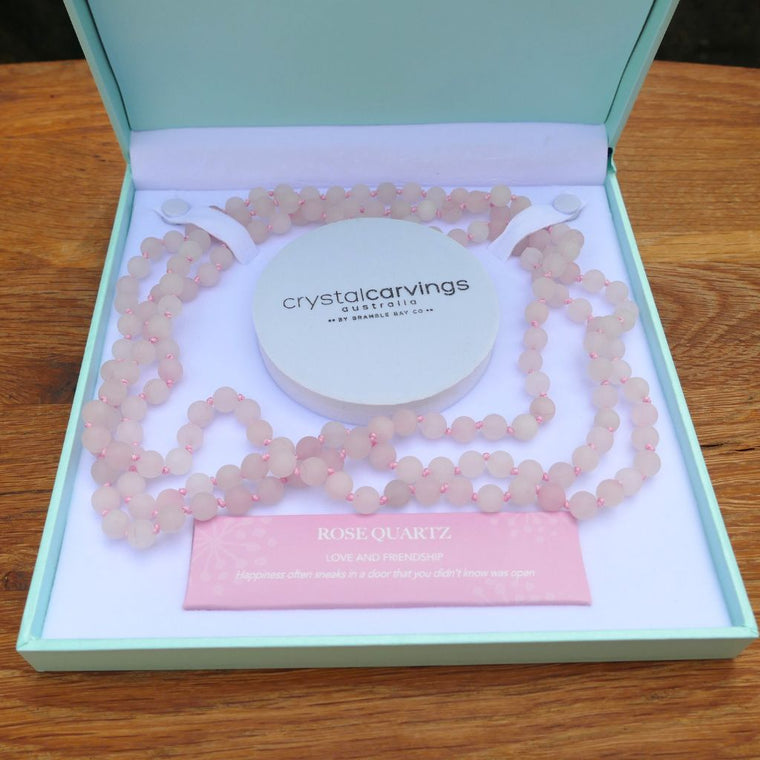 Rose Quartz 62 inch natural finish bead necklace in gift box