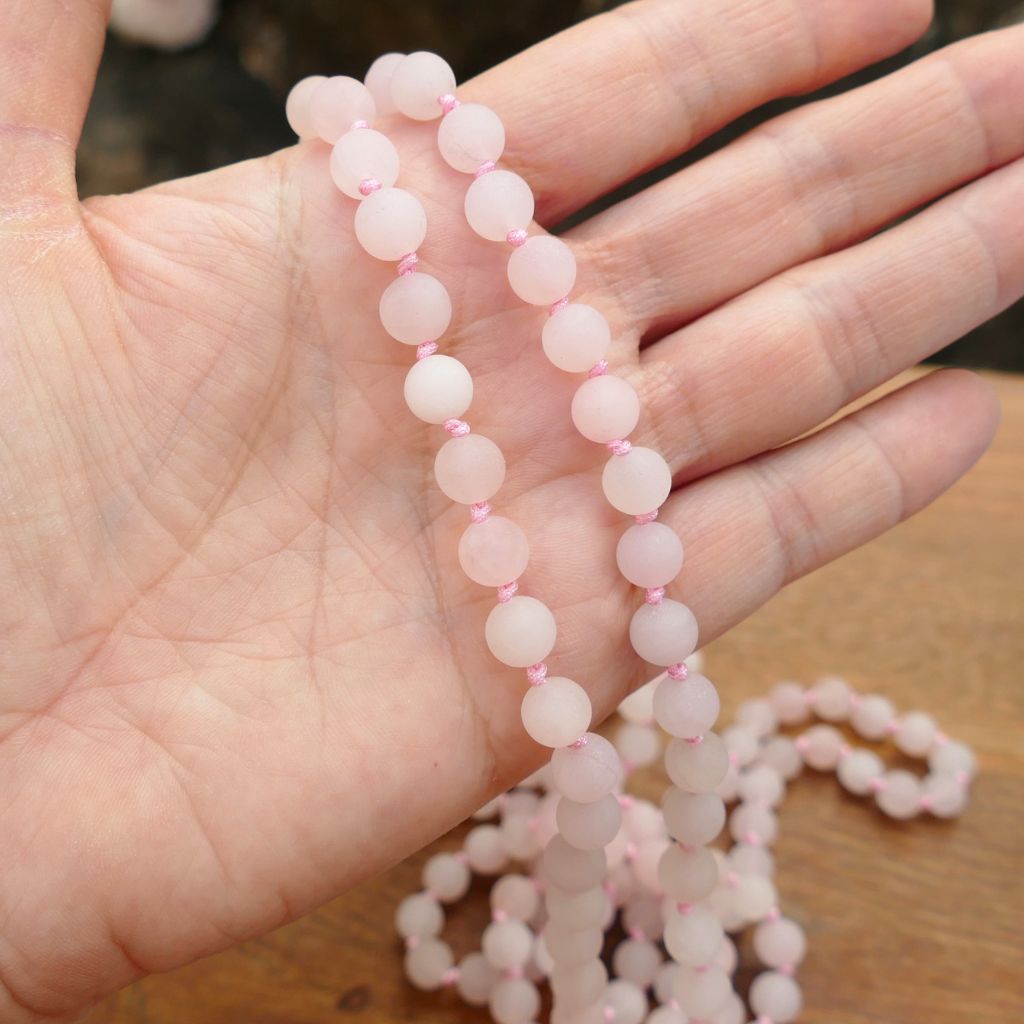 Rose Quartz 62 inch natural finish bead necklace in gift box