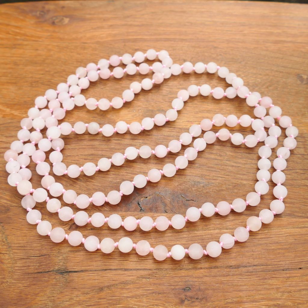 Rose Quartz 62 inch natural finish bead necklace in gift box