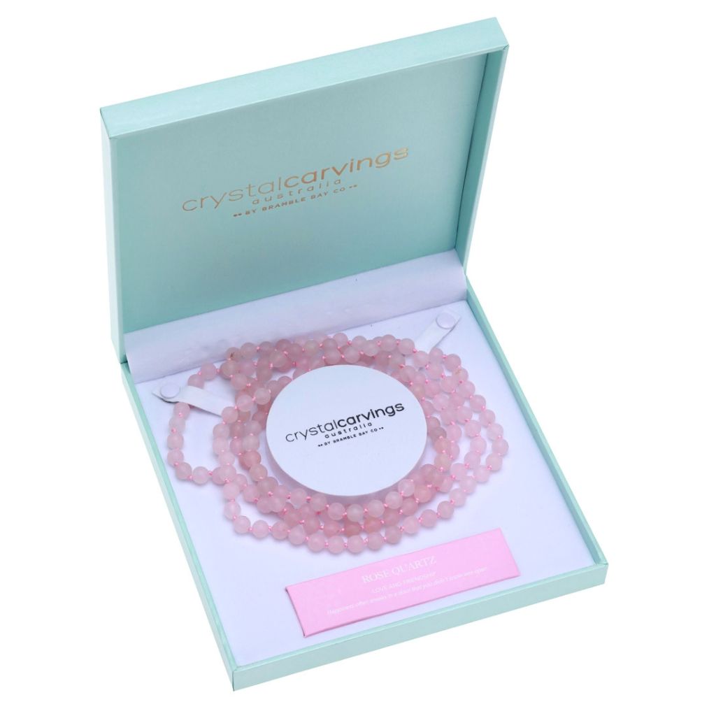 Rose Quartz 62 inch natural finish bead necklace in gift box