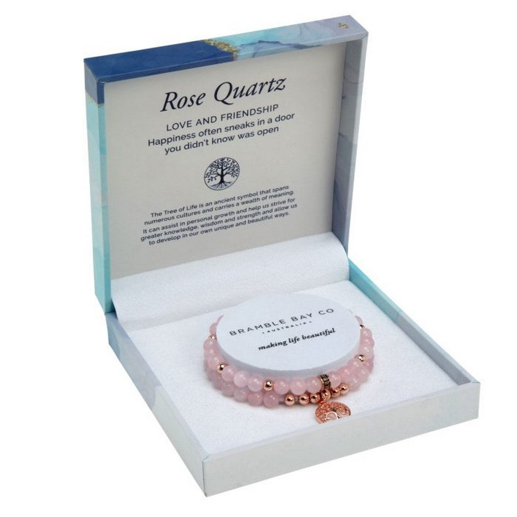 rose quartz duo bracelet set with tree of life charm