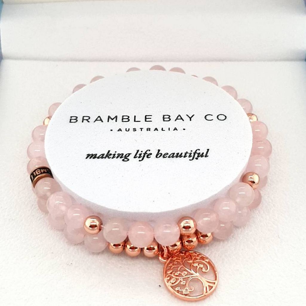 rose quartz duo bracelet set with tree of life charm