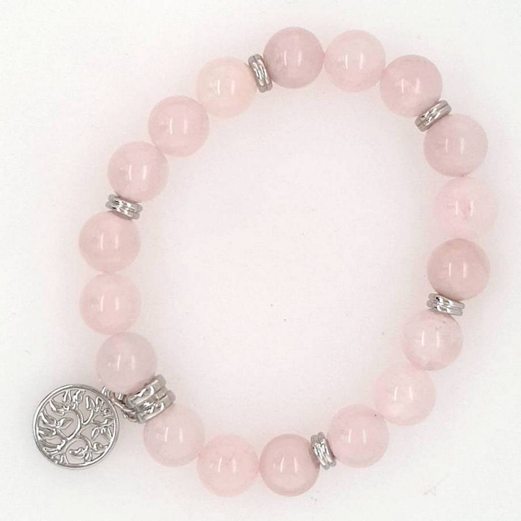rose quartz bead bracelet with tree of life charm