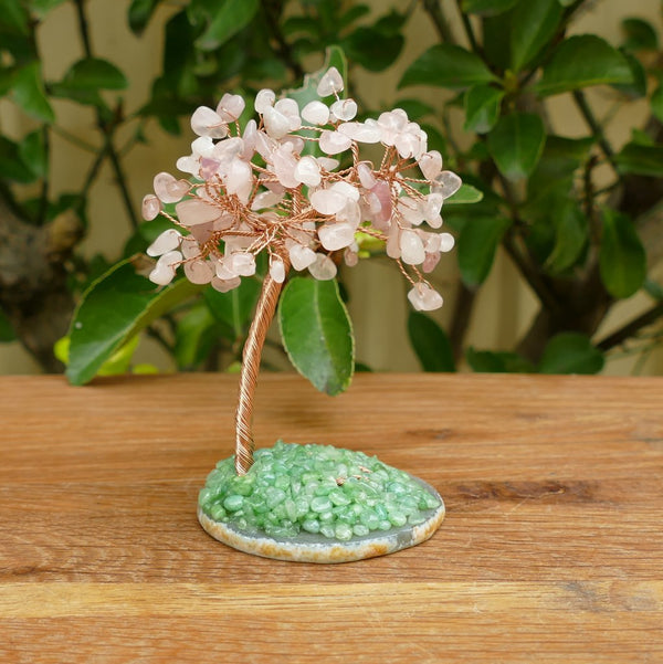 Crystal Gem Tree Rose Quartz on Agate Slice Base with Green Agate Grass
