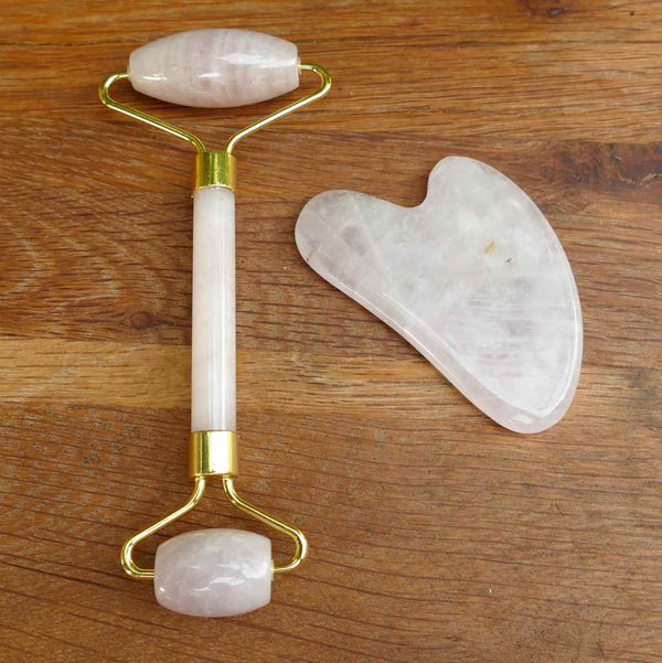 Rose Quartz Gua Sha & Roller Set – Natural Skincare Tools for Face Massage, Lymphatic Drainage & Anti-Ageing