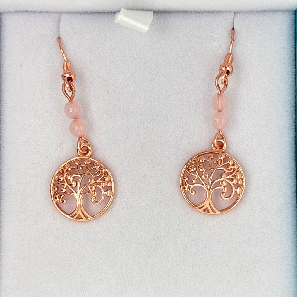 rose quartz tree of life earrings