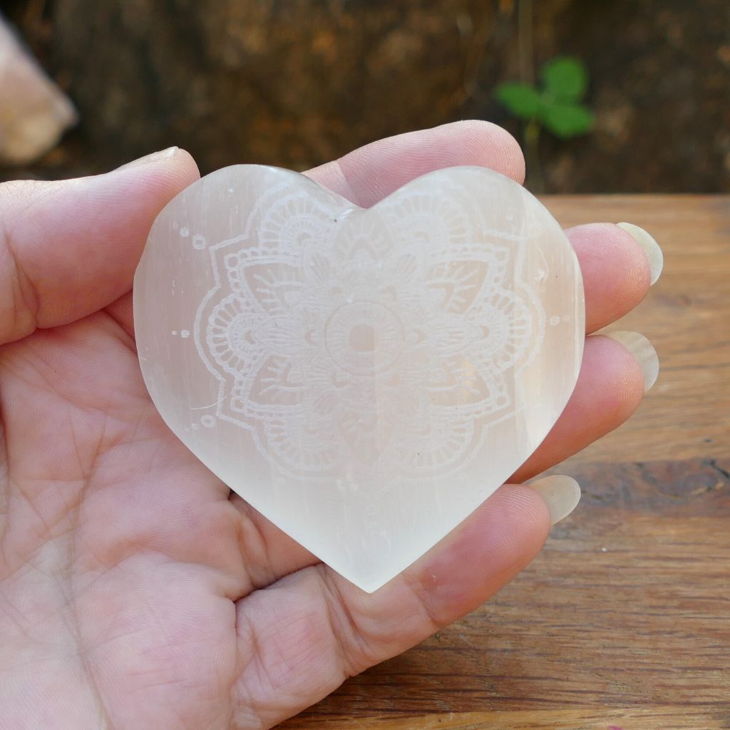 selenite heart engraved