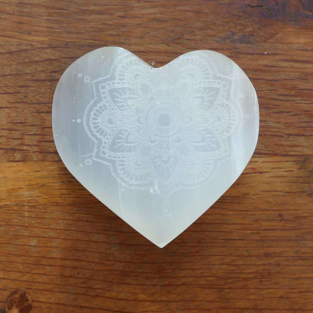 selenite heart engraved