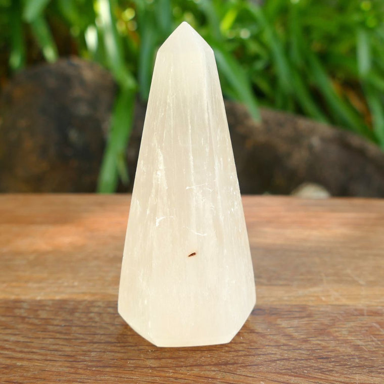 Natural Selenite obelisk tower crystal with pearly white finish