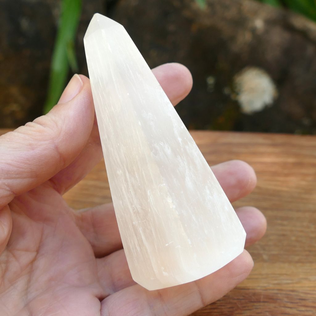 Natural Selenite obelisk tower crystal with pearly white finish