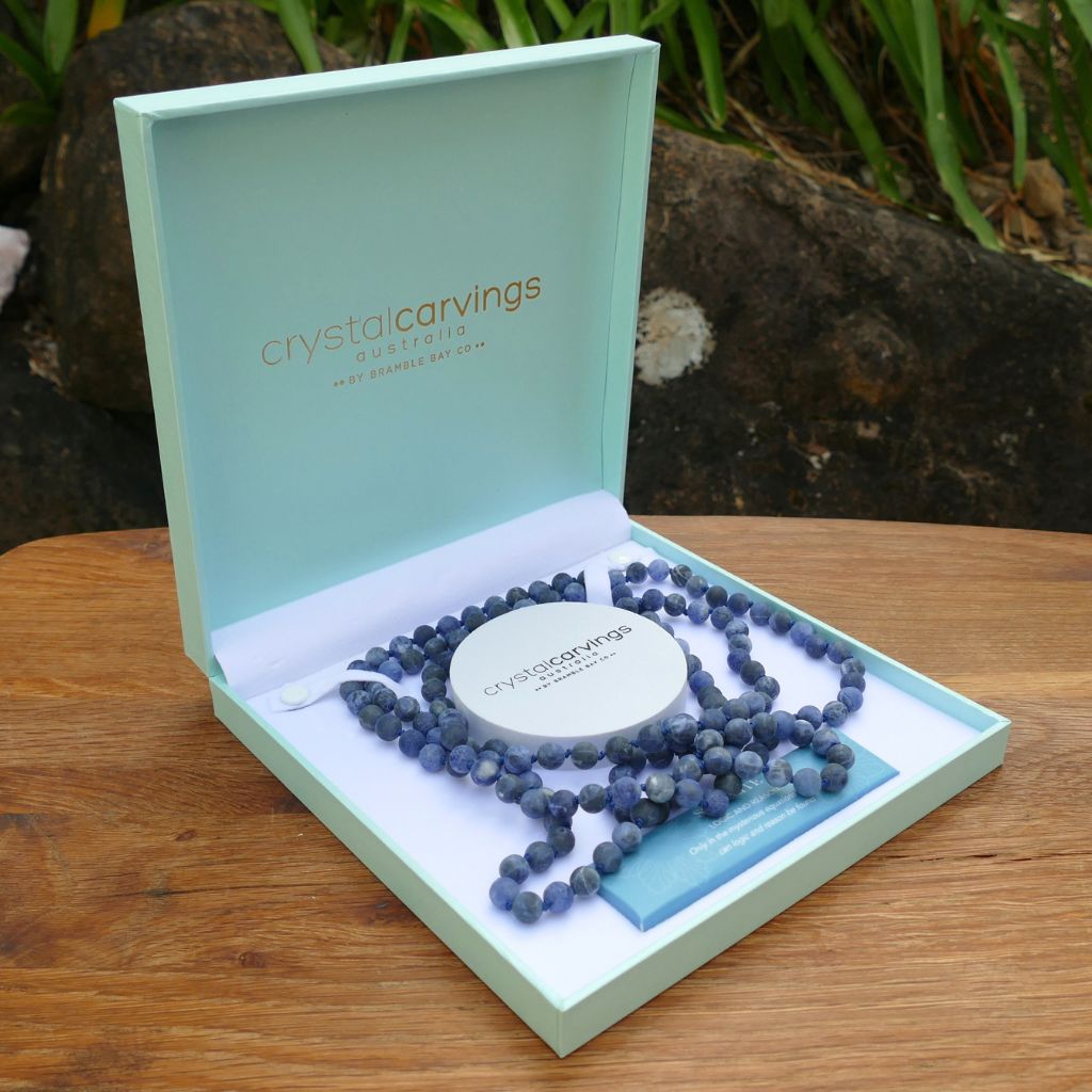 Sodalite 62 inch natural finish bead necklace in gift box