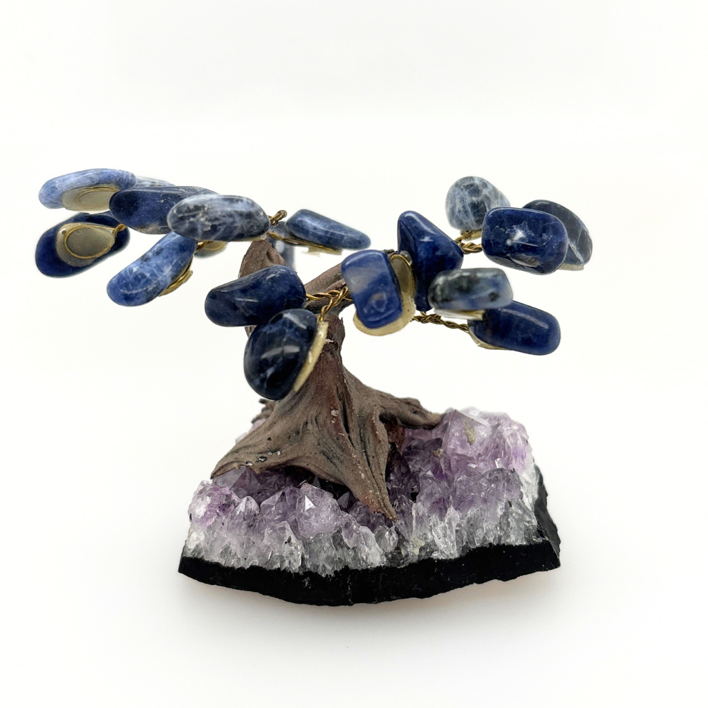 sodalite gem tree on amethyst cluster base