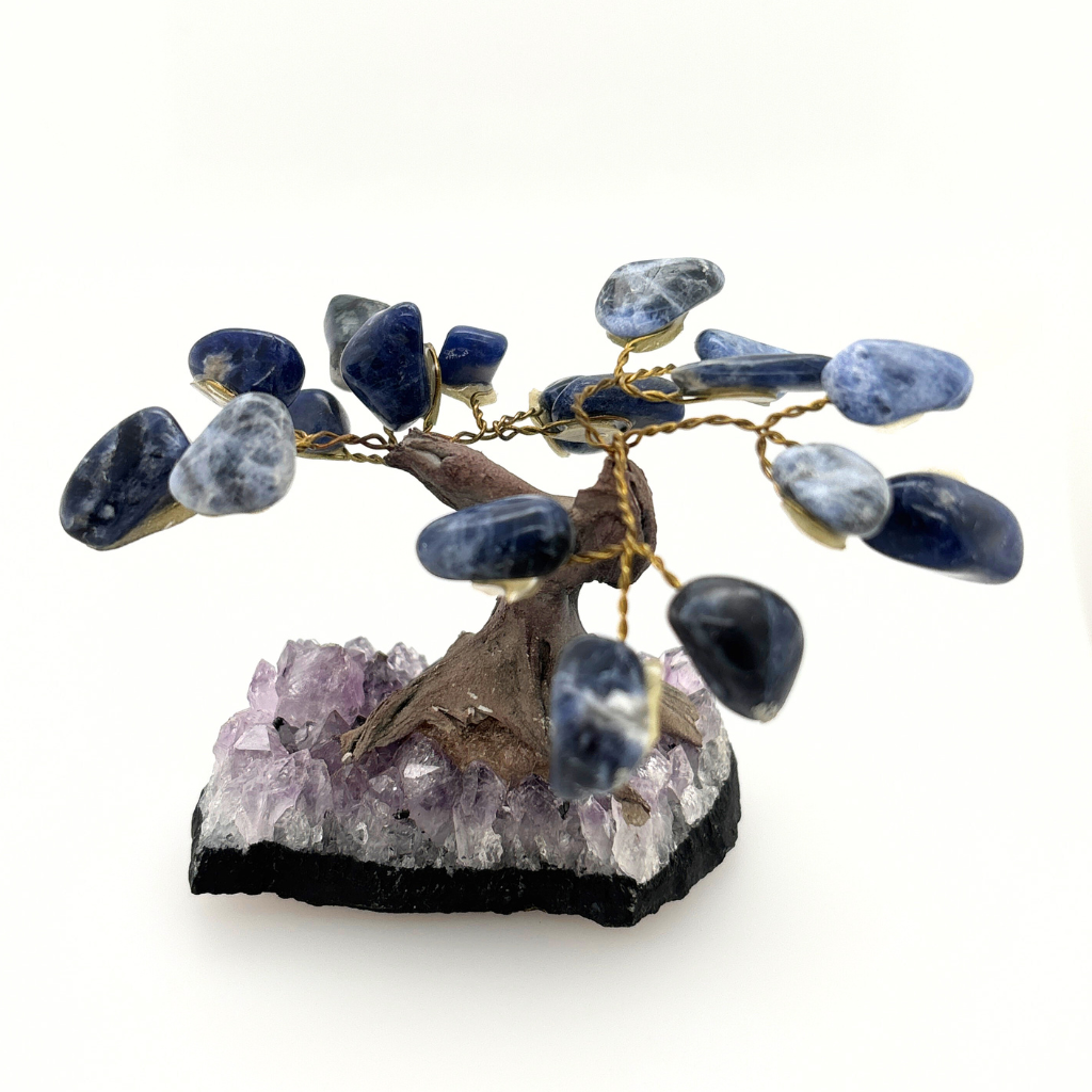 sodalite gem tree on amethyst cluster base