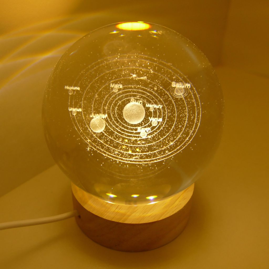 3D Solar System Crystal Ball LED Light with wooden base illuminated