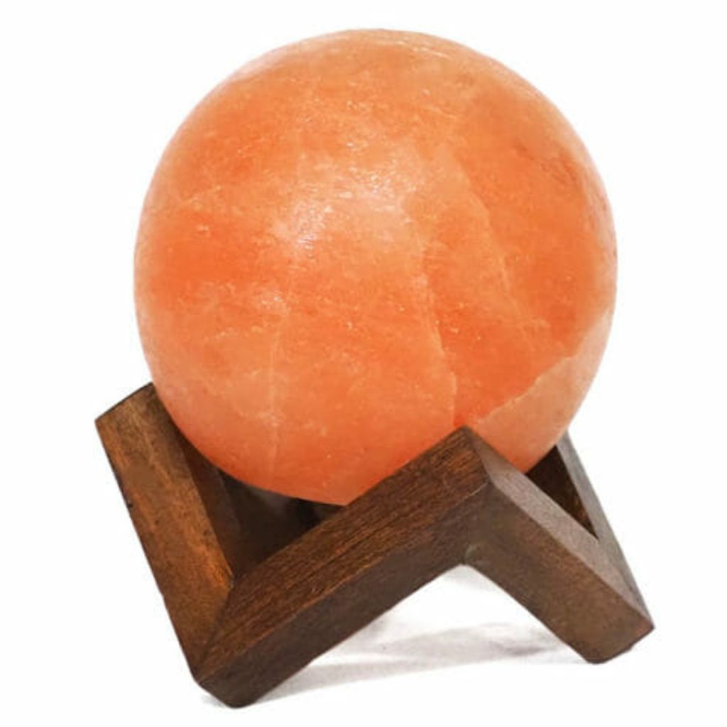 Carved Sphere Himalayan Salt Lamps with Wooden Holder