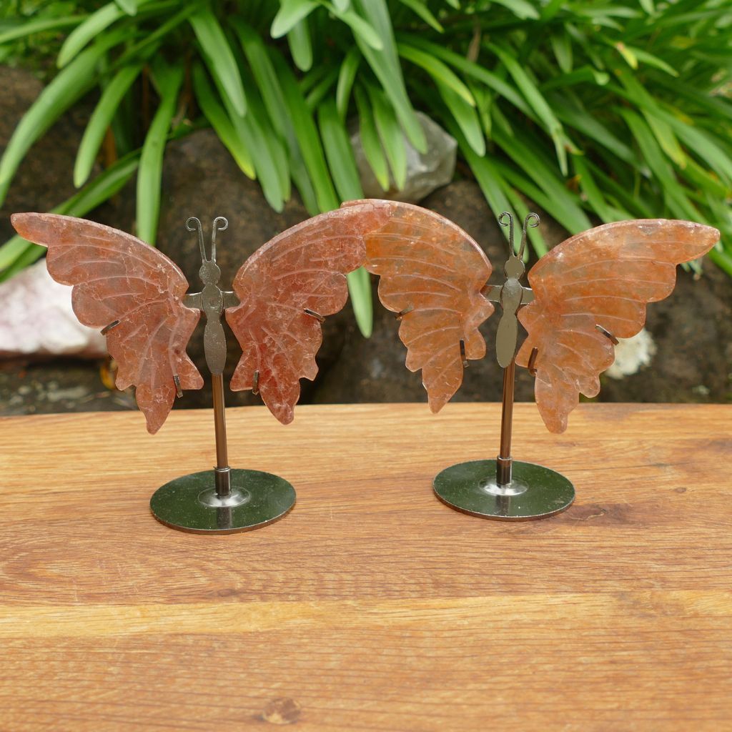 Strawberry Quartz Butterfly Wings on Metal Stand