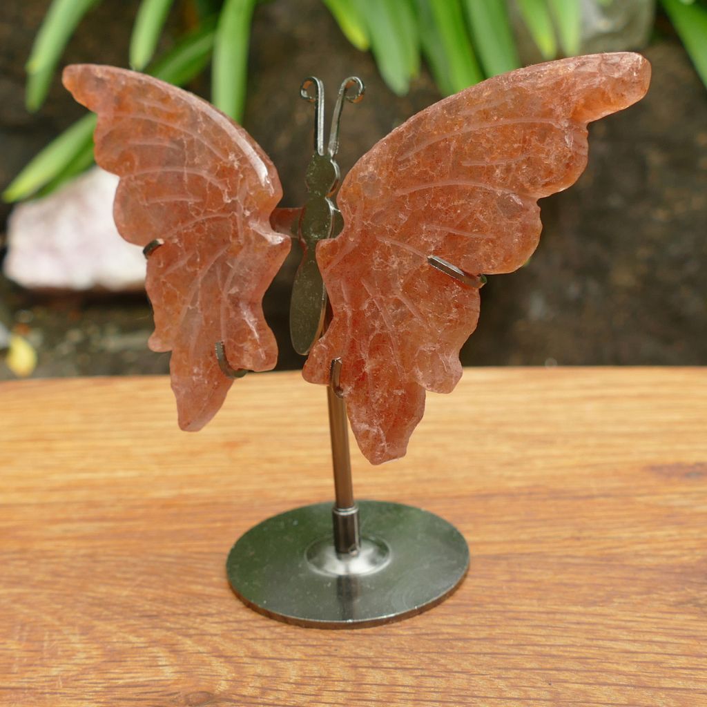 Strawberry Quartz Butterfly Wings on Metal Stand