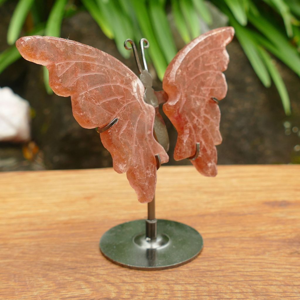 Strawberry Quartz Butterfly Wings on Metal Stand