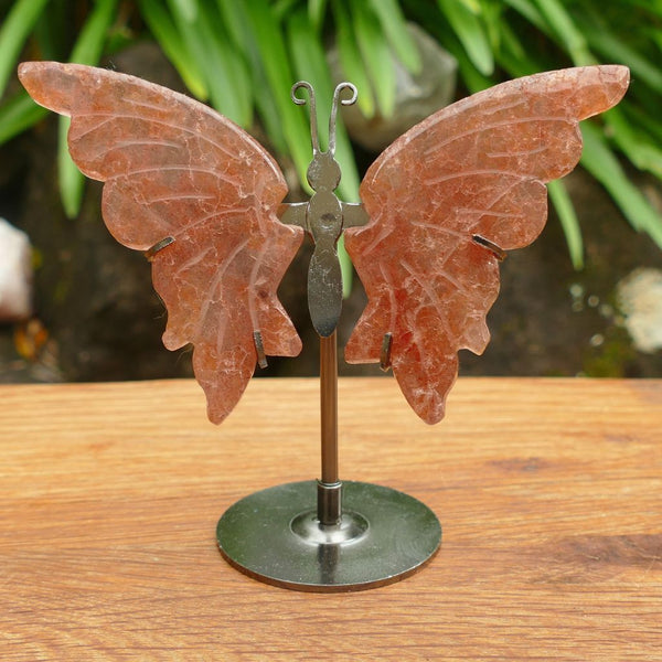 Strawberry Quartz Butterfly Wings on Metal Stand