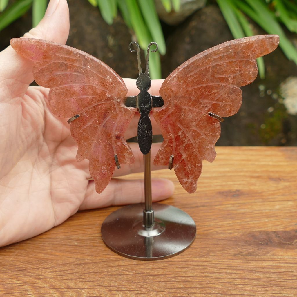 Strawberry Quartz Butterfly Wings on Metal Stand