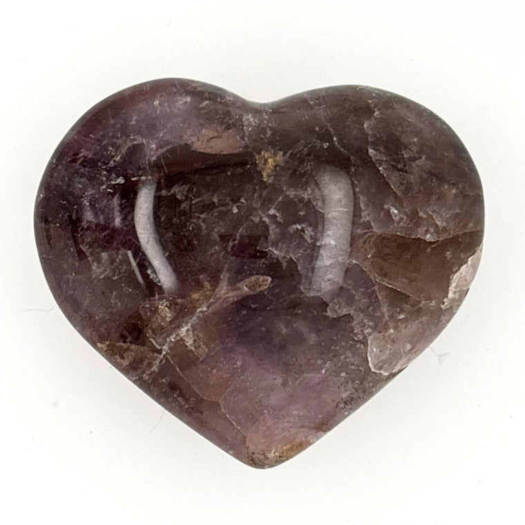 Natural Super Seven Crystal Heart with smoky grey and amethyst tones, polished healing crystal for intuition, spiritual growth and emotional balance.