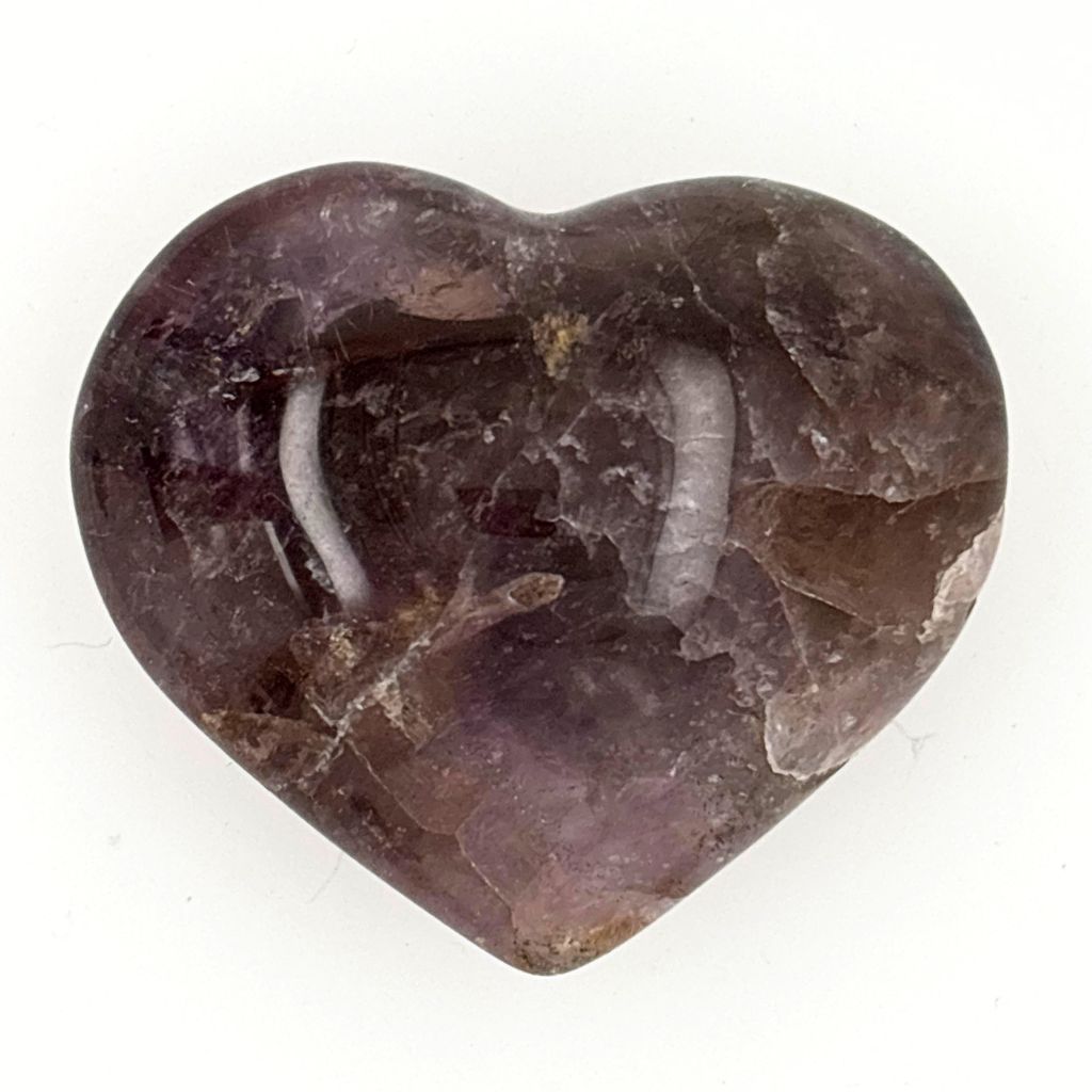 Natural Super Seven Crystal Heart with smoky grey and amethyst tones, polished healing crystal for intuition, spiritual growth and emotional balance.