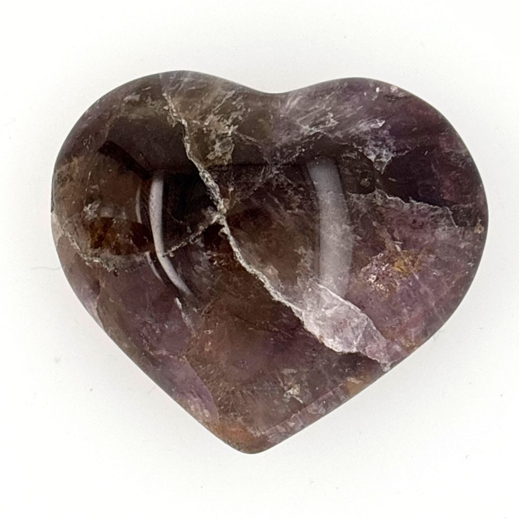 Natural Super Seven Crystal Heart with smoky grey and amethyst tones, polished healing crystal for intuition, spiritual growth and emotional balance.