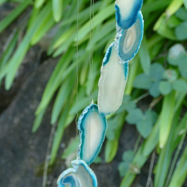 Teal Agate Wind Chime Harmony, Green Agate Slices Hanging Crystals Outdoor Garden Decor
