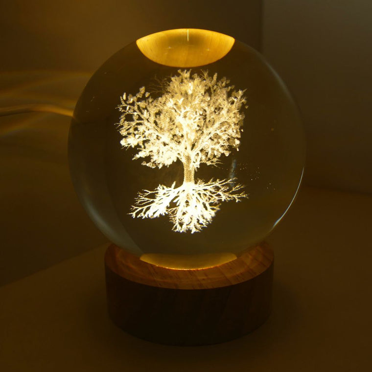 3D Tree of Life Crystal Ball LED Light with wooden base