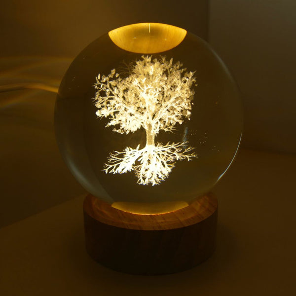 3D Tree of Life Crystal Ball LED Light with Wooden Base