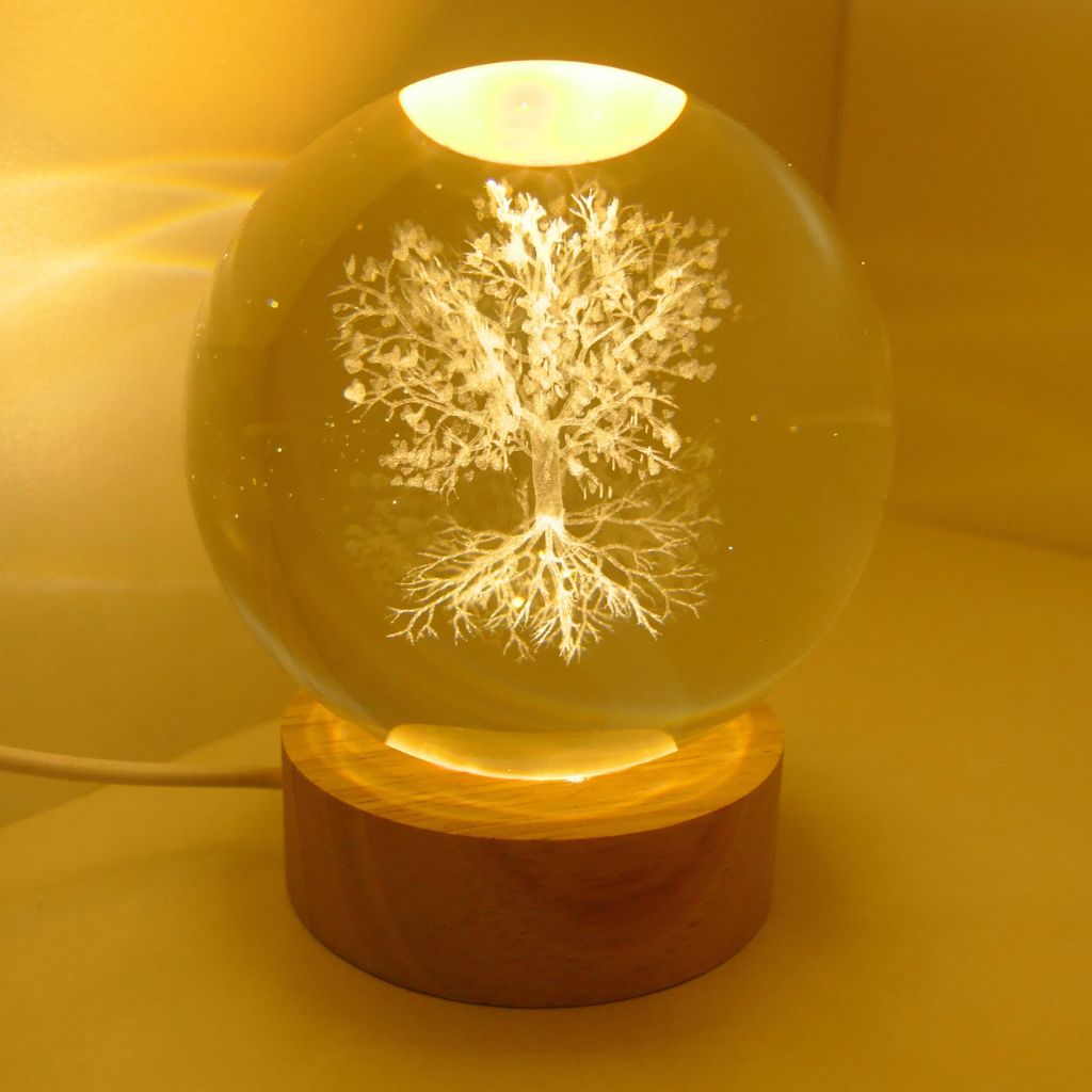 3D Tree of Life Crystal Ball LED Light with wooden base